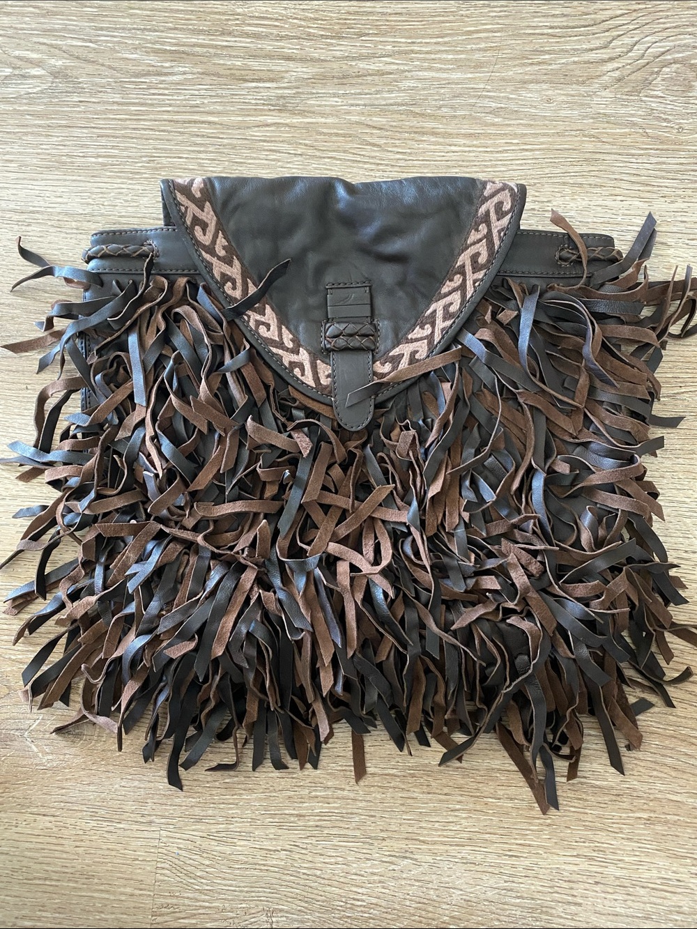 Lucky Brand Fringed Leather Fold-Over Backpack in Brown and Dark Chocolate